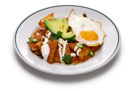 chilaquiles with salsa roja, Mexican breakfastの写真素材