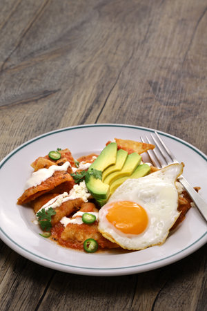 chilaquiles with salsa roja, Mexican breakfastの写真素材