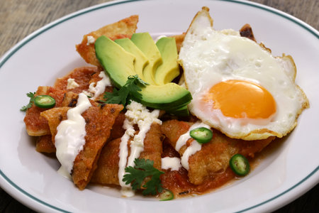 chilaquiles with salsa roja, Mexican breakfastの写真素材