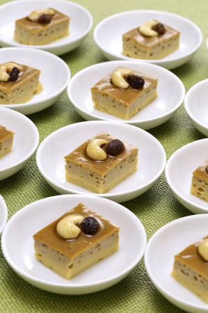 watalappam, Sri Lankan coconut custard pudding with peacock palm sugar.