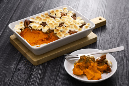 sweet potato casserole with marshmallows and pecans. American thanksgiving dinner side dish.の写真素材