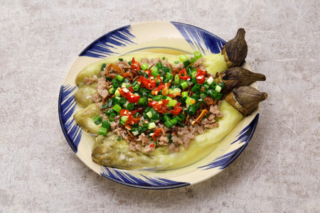 Ca Tim Nuong Thit Bam (grilled eggplant with minced meat and green onion oil), Vietnamese home cookingの写真素材