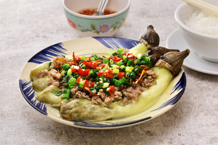 Ca Tim Nuong Thit Bam (grilled eggplant with minced meat and green onion oil), Vietnamese home cookingの写真素材