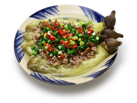 Ca Tim Nuong Thit Bam (grilled eggplant with minced meat and green onion oil), Vietnamese home cookingの写真素材