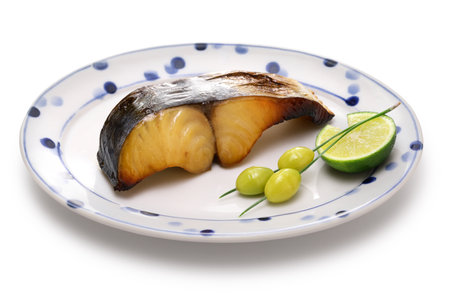 Sawara Saikyo-yaki (grilled Japanese spanish mackerel marinated in white miso), Japanese cuisine isolated on white backgroundの写真素材