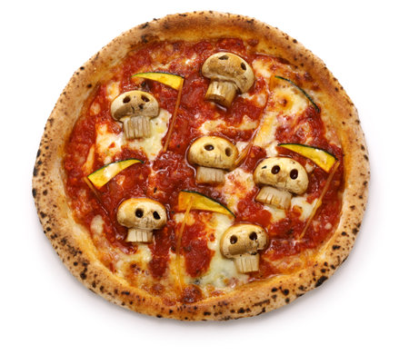 mushroom skull pizza for halloween, american cuisineの写真素材
