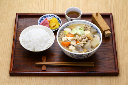 Tonjiru ( pork and vegetables miso soup ) set meal, Japanese foodの写真素材