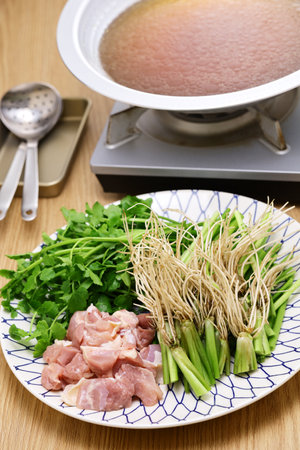 Sendai seri nabe (Japanese parsley hotpot), seri roots are a delicious dish.の写真素材