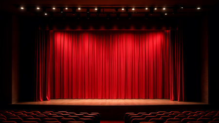 Rehearsals begin on an empty stage. no audience. red curtains.の素材