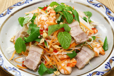 Green papaya salad with prawn and pork, Vietnamese cuisineの写真素材