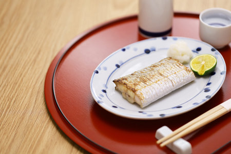 Salt-grilled hairtail fish, Japanese cuisineの写真素材
