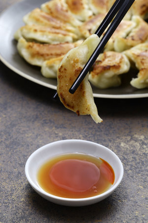 Gyoza, Japanese potstickers are mainly steamed in frying pan, then fried untill golden and crispy on the bottom.の写真素材