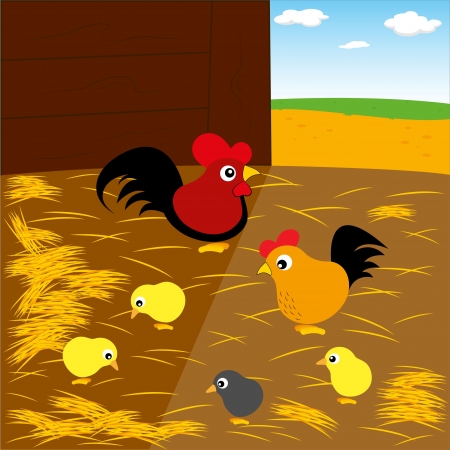 Chicken family in the ranchのイラスト素材