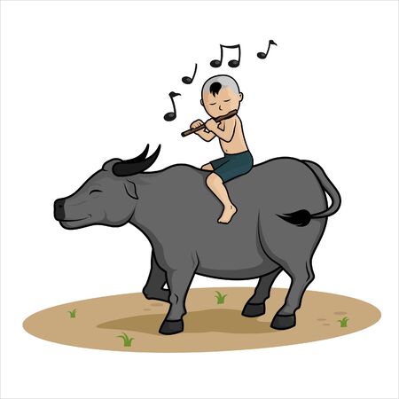 A child who is playing a flute on top of a buffalo.のイラスト素材