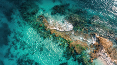 Stunning aerial view showcasing a rocky coastline with vibrant turquoise waters and coral reefs, perfect for nature lovers and travel enthusiasts.の素材