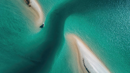 An aerial image showcasing stunning turquoise waters gracefully weaving around sandy islands, creating a peaceful coastal retreat. Perfect for travel themes.の素材