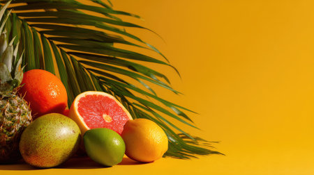 A stunning arrangement of tropical fruits including pineapple, grapefruit, and mango against a bright yellow background. Ideal for health and wellness themes.の素材