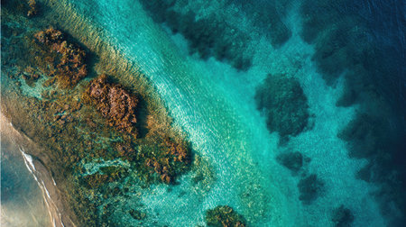 This stunning aerial image showcases the beauty of clear blue ocean water with vibrant coral reefs and rocky shorelines, perfect for travel themes.の素材