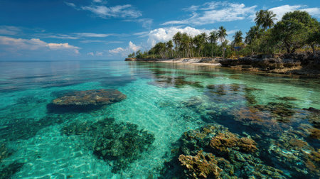 Experience a picturesque tropical landscape featuring crystal-clear waters, vibrant coral reefs, and lush palm trees under a bright blue sky.の素材