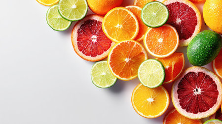 A visually appealing arrangement of assorted citrus fruits, including oranges, limes, and grapefruit, showcasing vibrant colors and freshness ideal for culinary projects.の素材