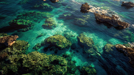 Explore the stunning beauty of crystal clear ocean waters revealing vibrant green seaweed on rocky sea floors, showcasing nature's tranquility and marine wonders.の素材