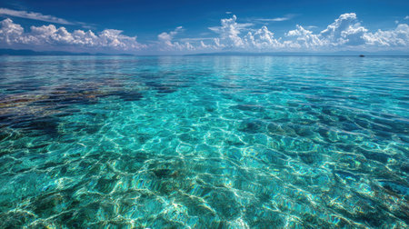 Experience the beauty of crystal clear tropical waters beneath a vibrant blue sky. The calm surface reflects fluffy white clouds, creating a serene landscape ideal for relaxation and adventure.の素材