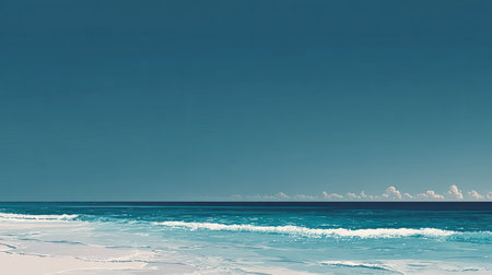 Experience the tranquility of a coastal landscape showcasing gentle waves and a bright blue sky over a pristine sandy beach. Perfect for relaxation.の素材