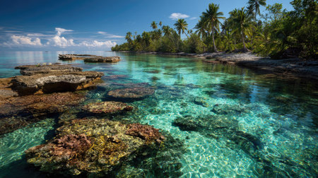 A stunning tropical seascape showcasing crystal-clear water, colorful rocks, and vibrant palm trees under a bright blue sky, inviting peaceful exploration.の素材