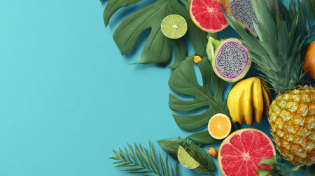 A vibrant arrangement of fresh tropical fruits including pineapple, banana, grapefruit, and dragonfruit, complemented by lush green leaves on a blue background.の素材