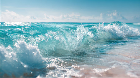 This stunning image captures the beauty of turquoise waves gently crashing onto a sandy shore, evoking a sense of tranquility and relaxation amidst nature's splendor.の素材