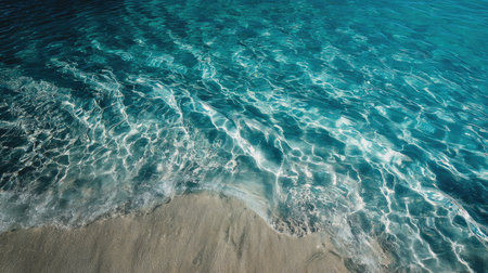 This stunning image captures the serene beauty of crystal clear turquoise water gently lapping at a soft sandy shore, embodying a tropical paradise.の素材
