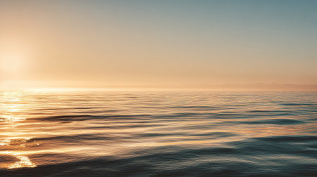 A tranquil scene capturing the peaceful interplay of soft sunlight casting a warm glow on the calm ocean waters at sunset. The serene landscape invites relaxation and introspection.の素材