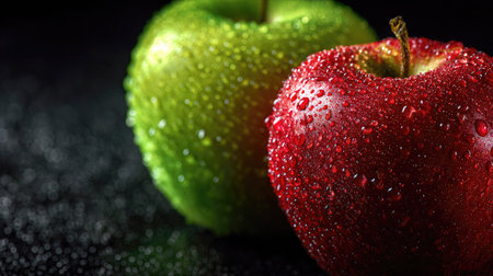 This close-up image showcases fresh red and green apples adorned with sparkling water droplets on a dark background, emphasizing healthy eating.の素材