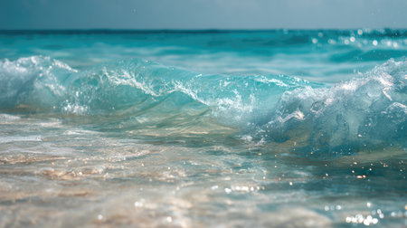Vibrant ocean waves gently crash onto a sandy beach, capturing the essence of summer and tranquility, illuminated by bright sunlight and clear skies.の素材