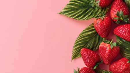 A delightful arrangement of fresh strawberries paired with lush green leaves, set against a soft pink background, perfect for health and wellness themes.の素材