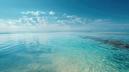 Experience the soothing tranquility of a clear ocean view with crystal blue waters and soft clouds. A serene escape into nature's beauty awaits.の素材