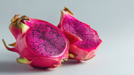 This image features two vibrant halves of a pink dragon fruit, showcasing its unique color and texture. Ideal for health and culinary themes.の素材
