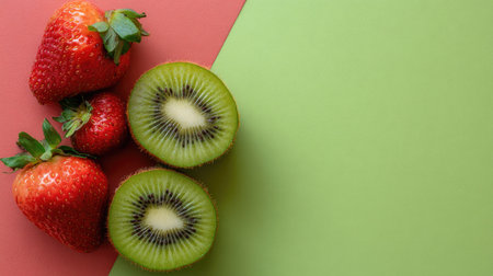 Bright and fresh composition featuring red strawberries and sliced green kiwi on colorful backgrounds. Ideal for food, health, and wellness themes.の素材