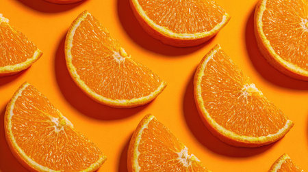 Explore the vibrant allure of fresh orange slices arranged on a bold orange background, ideal for healthy lifestyle themes in food photography.の素材