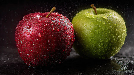 This striking image features a close-up of fresh red and green apples, adorned with glistening water droplets. Perfect for health and nutrition themes.の素材