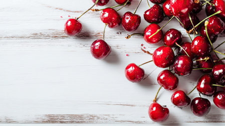 A beautiful arrangement of fresh red cherries resting on a rustic wooden table. The natural lighting enhances the glossy texture and vibrant color, showcasing the delicious appeal of this seasonal fruit perfect for healthy recipes and summer treats.の素材