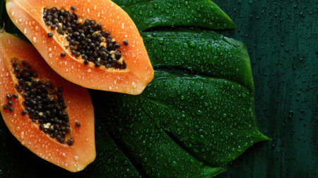 This image showcases freshly cut papaya slices resting on a vibrant green leaf, adorned with water droplets that enhance its juicy allure.の素材
