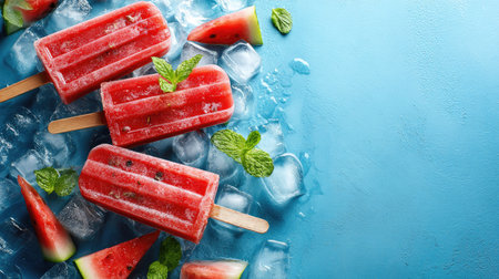 Colorful watermelon popsicles sit on a bed of ice, garnished with fresh mint leaves, ideal for summer parties and desserts. Perfect for cooling off!の素材