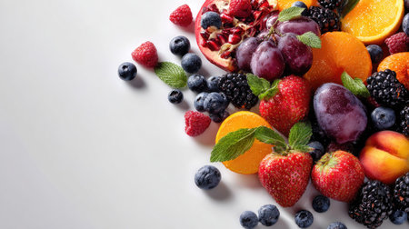 A vibrant collection of fresh fruits and berries artfully arranged on a light background, highlighting their rich colors, textures, and healthy appeal.の素材