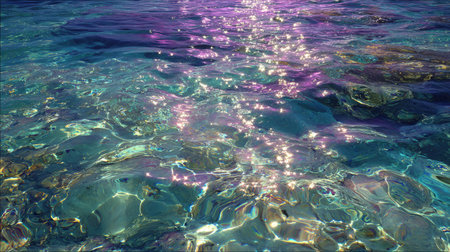This captivating image features a tranquil water surface sparkling under sunlight with vibrant colors, perfect for evoking a sense of beauty and relaxation.の素材