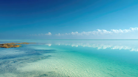 This captivating image showcases a tranquil seascape with crystal clear water reflecting fluffy clouds under a bright blue sky, creating an idyllic scene.の素材