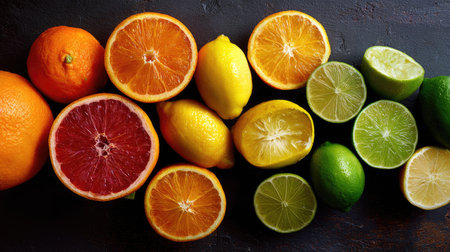 This image showcases a colorful array of fresh citrus fruits including oranges, lemons, and limes, beautifully sliced to highlight their vibrant textures. Perfect for food lovers.の素材