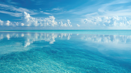 This stunning image captures a serene ocean view where vibrant blue water reflects fluffy clouds under a radiant sky, creating a peaceful atmosphere.の素材