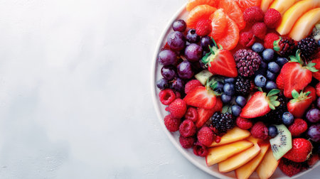A beautifully arranged platter of fresh fruits including strawberries, blueberries, raspberries, and melons on a white background, perfect for healthy eating and summer gatherings.の素材
