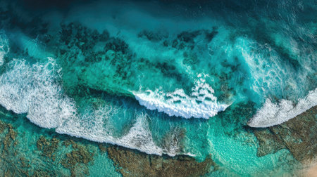 Capture the serene beauty of turquoise ocean waves gently rolling over rocky shorelines. This aerial view showcases nature's artistry in vibrant colors and textures.の素材